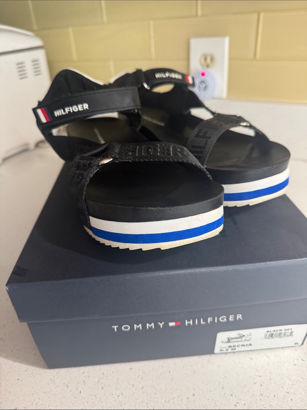Tommy Hilfiger Black Sandal Platforms with Blue & White Stripe